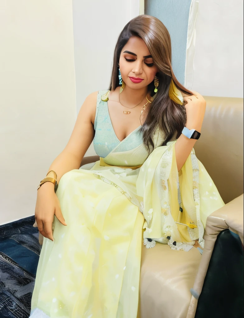 woman sitting on a couch in a blue dress, 🤬 🤮 💕 🎀, colour, candid picture, with yellow cloths, lady, gorgeous lady, #trending, indian, dressed in a sari, 34d breast,sexy girl, 30 years old woman, 3 0 years old woman, inspired by Ambreen Butt, with lovely look, indian super model, very extremely beautiful