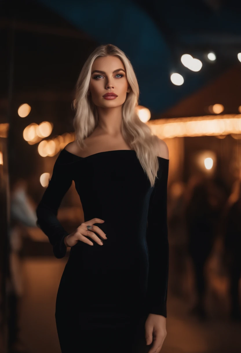 realistic white female instagram influencer, in a club best quality, blonde, 1 girl, blue eyes, in black dress long sleeves