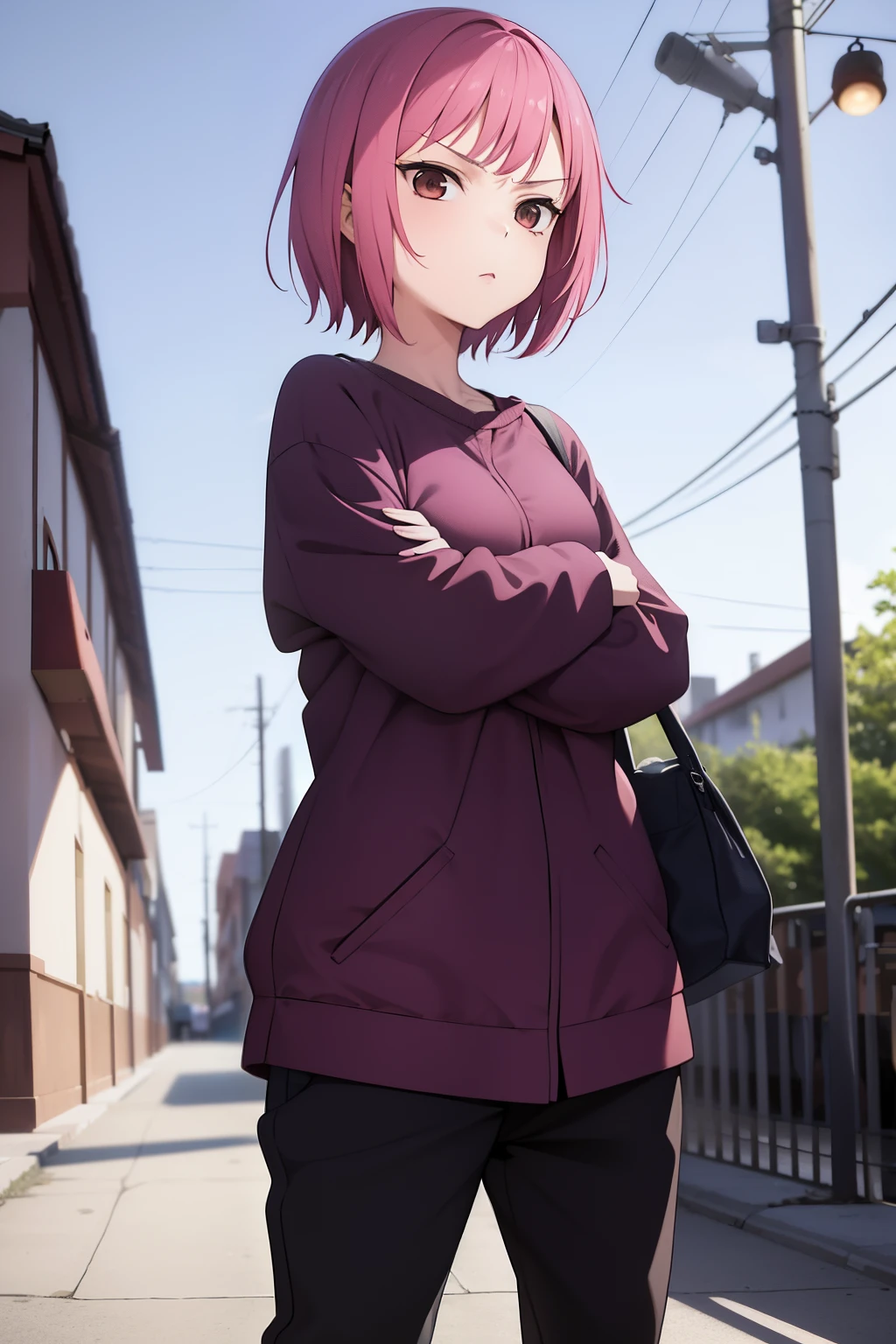 Cute girl , Short pink hair , Dark purple clothes , Combat stance , Brown eyes , Rough clothe s, baggy clothes