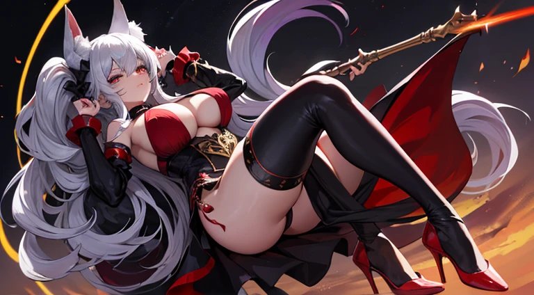 witch, wristband accessories, black long hair, elegant, huge boobs, big hips, long red dress, big neckline, fox ears, evil smile, demond girl, black manicure with gold, pony tail, long stockings, torn stockings, full body, purple and gold eyes, silver accesories, toe rings, night background, gold heels, red nails, red collar, demonic halo