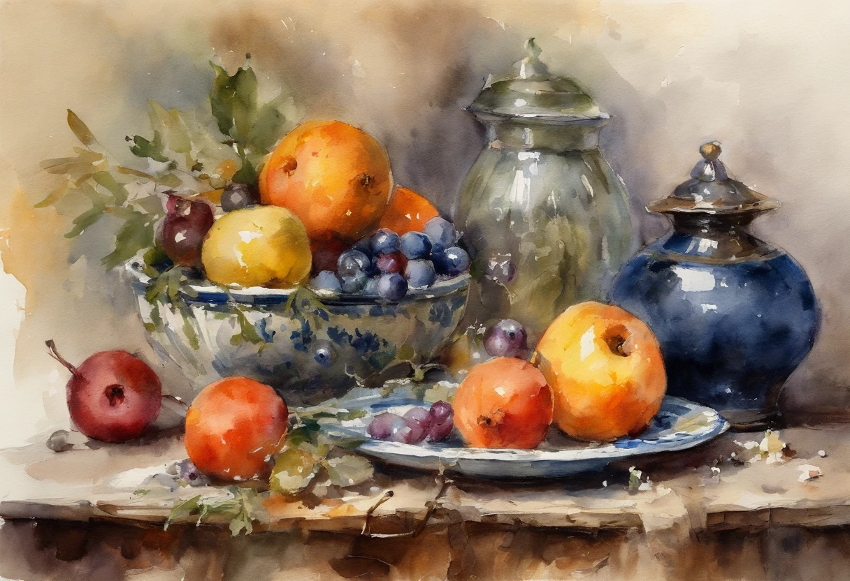 Illustration art by Nicolai Ivanovich Fechin, Still life, fruit and jars, olEuropean plate 'candle,ane rendering, 8k, UHD, O estilo de Losh,