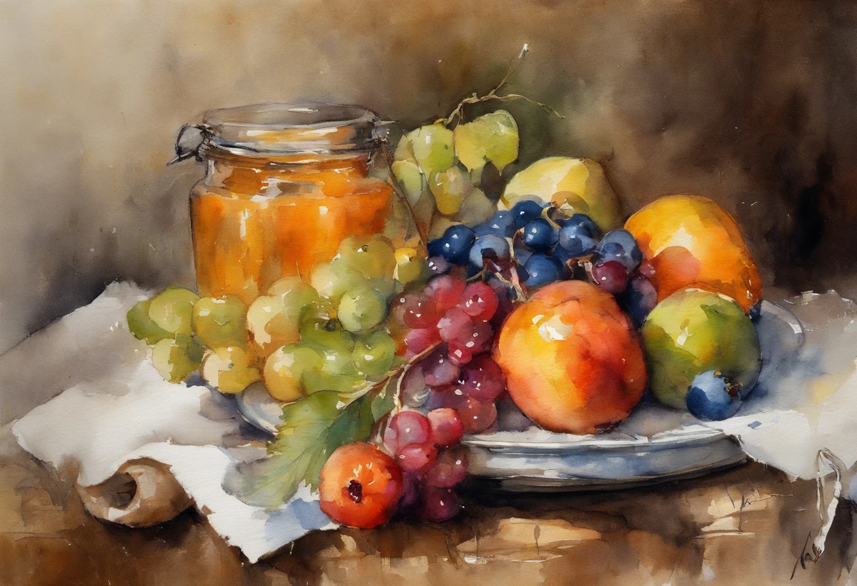 Illustration art by Nicolai Ivanovich Fechin, Still life, fruit and jars, olEuropean plate 'candle,ane rendering, 8k, UHD, O estilo de Losh,