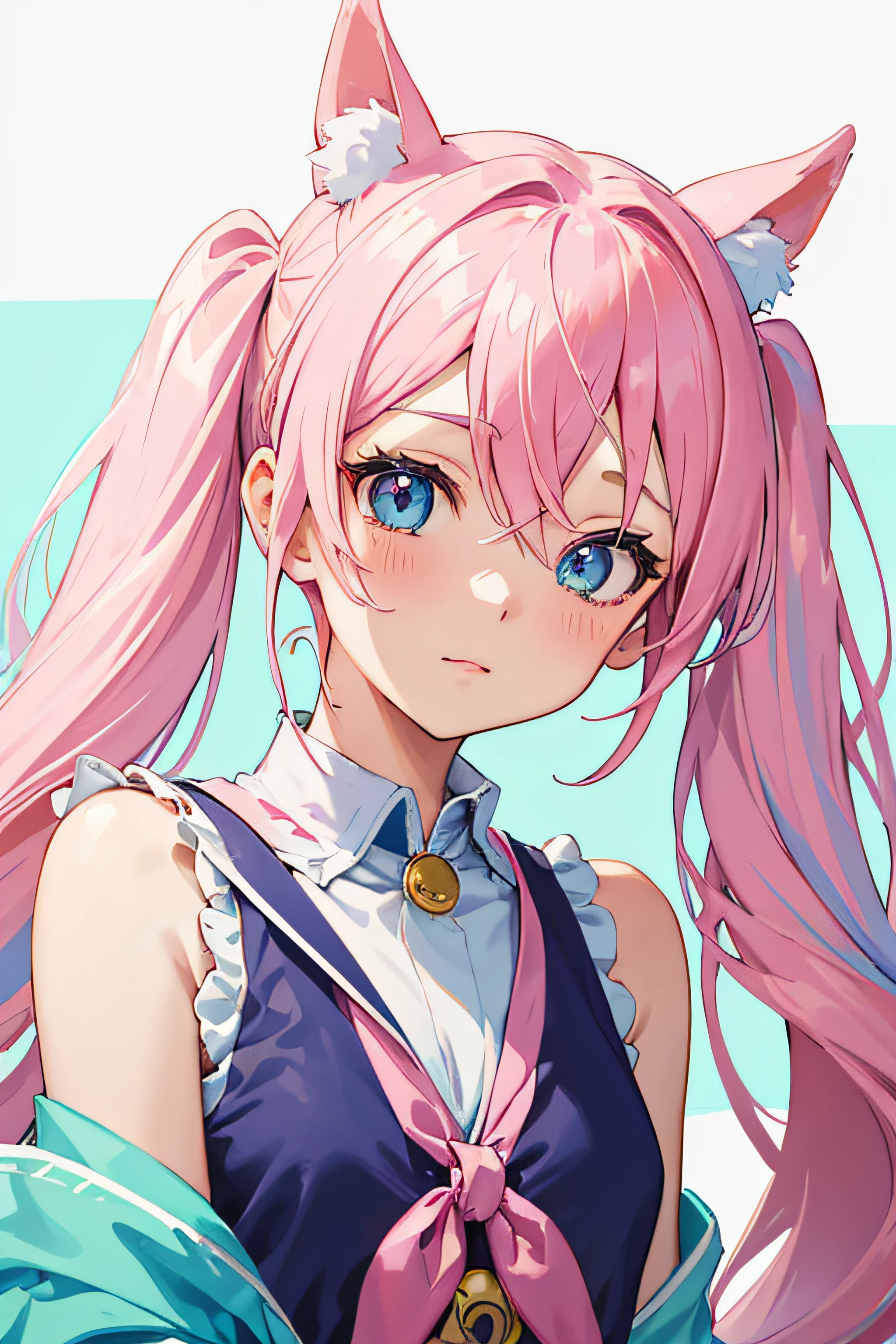 a close up of a person with pink long hair wearing a blue singlet, pink twintail hair and cyan eyes, pretty anime girl, cute anime girl, anime girl, anime moe artstyle, anime art style, anime style portrait, an anime girl, cute anime girl portrait, high quality anime artstyle, young anime girl, beautiful anime girl, anime artstyle