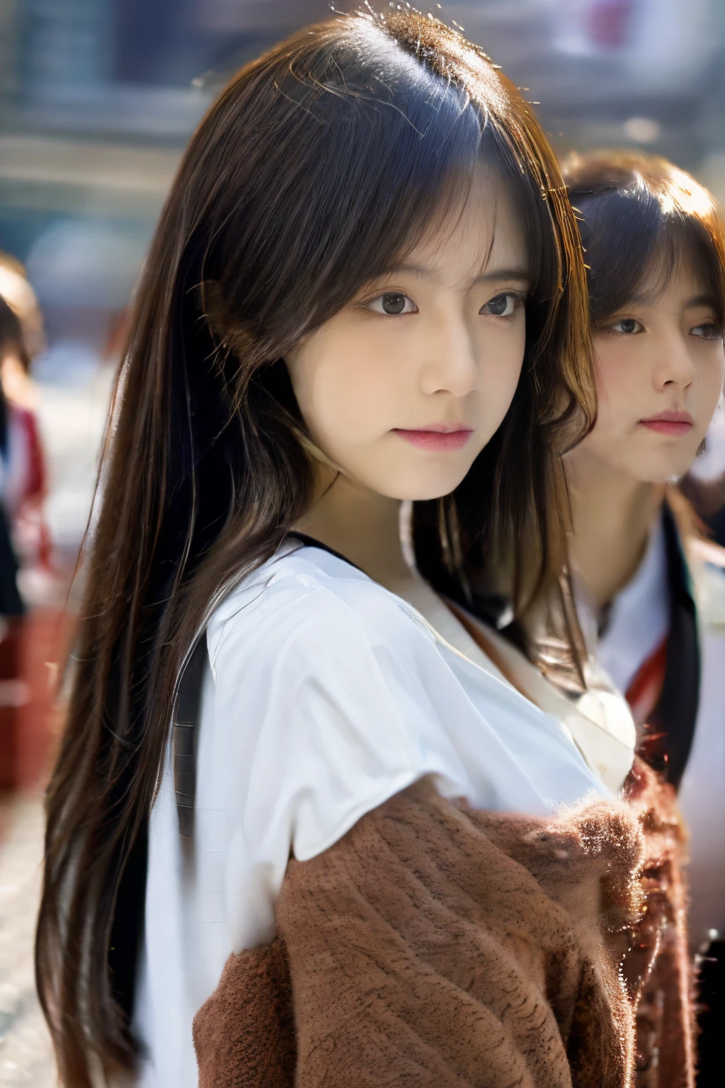 japanes、a beauty girl、huge tit、train、Crowds、校服、Uniform unbuttoned、The white bra is visible、A man is rubbing my chest from behind、Face to feel、A dark-haired、The long-haired、hi-school girl