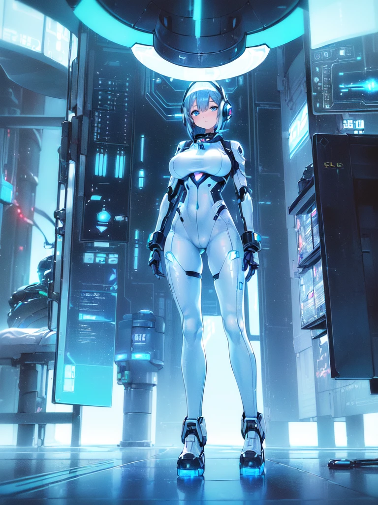 ​masterpiece:1.4, 1girl in ((20yr old, Wearing a futuristic white and silver costume, Tight Fit Bodysuit, long boots, Very gigantic-breasts, (Colorful blue hair):1.3, a short bob, Perfect model body, Blue eyes:1.2, Wearing headphones, Looking out the window of the futuristic sci-fi space station、While admiring the beautiful galaxy:1.2, SFSF control room on night background:1.1, Neon and energetic atmosphere:1.2)) ((Galaxy)),mecha musume,Headgear,Mechanical parts,Robot joints