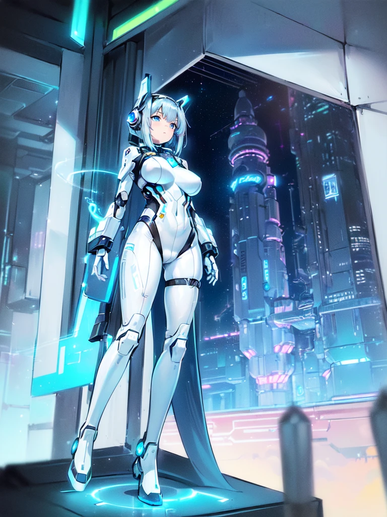 ​masterpiece:1.4, 1girl in ((20yr old, Wearing a futuristic white and silver costume, Tight Fit Bodysuit, long boots, Very gigantic-breasts, (Colorful blue hair):1.3, a short bob, Perfect model body, Blue eyes:1.2, Wearing headphones, Looking out the window of the futuristic sci-fi space station、While admiring the beautiful galaxy:1.2, SFSF control room on night background:1.1, Neon and energetic atmosphere:1.2)) ((Galaxy)),mecha musume,Headgear,Mechanical parts,Robot joints