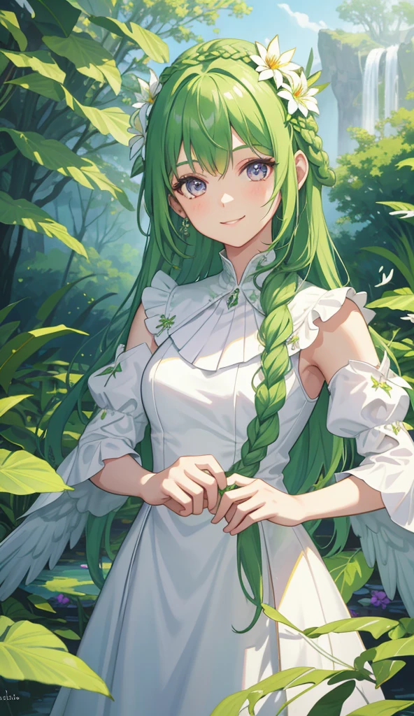 1 girl, green hair, braided hair, white wings, white dress, purple eyes, smiling at the viewer, background: forest, plants, flowers, lily pond, blue sky, waterfalls, detailed face, detailed eyes, flower crown