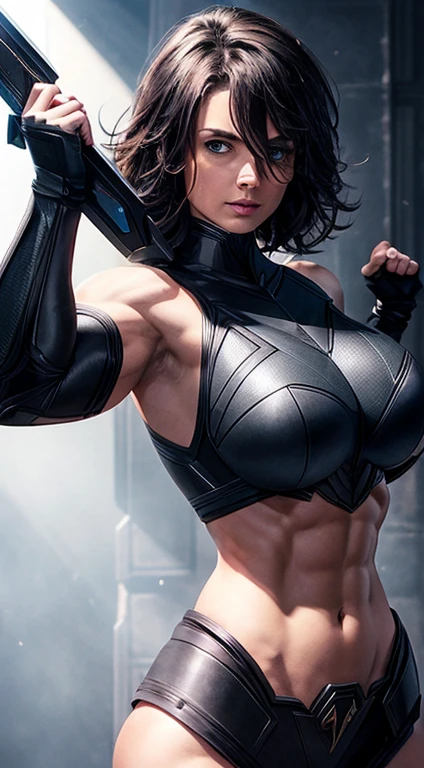 (Busty muscular brute cute Astria, huge strong biceps volume, huge firm breasts volume, enormous tits volume, strong tonned exposed abs, muscular strong legs, bodybuilder muscles bursting in strength, exposed abs skin, city destruction fire background, tight black leather bikini on top of grey latex suit, white cape, short black haircut
