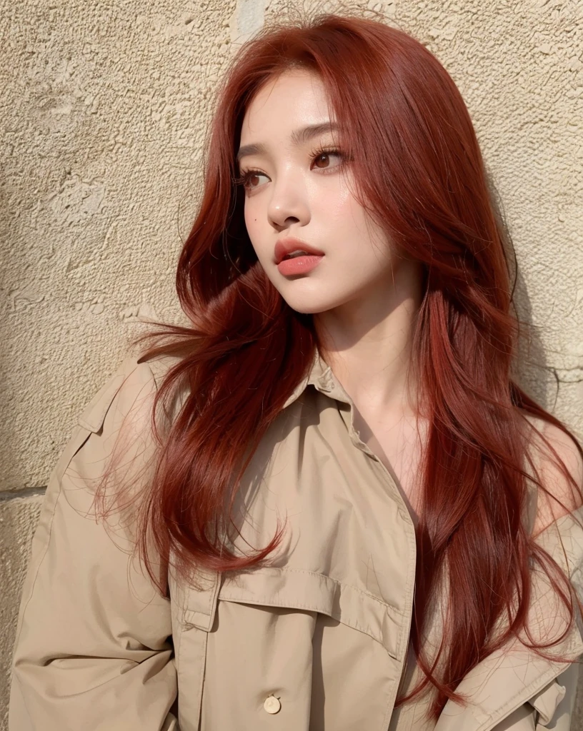 Mujer arafed con cabello rojo apoyado contra una pared., Retrato de Jossi de Blackpink, Blackpink Jennie, Bae Suzy, ulzzang, Parque Roseanne de Blackpink, Ella tiene el pelo largo redorange, tzuyu de dos veces, Jinyoung Shin, Cabello rojo suave, cabello rojo claro, con el pelo rojo, hair coloring, coral brown hair