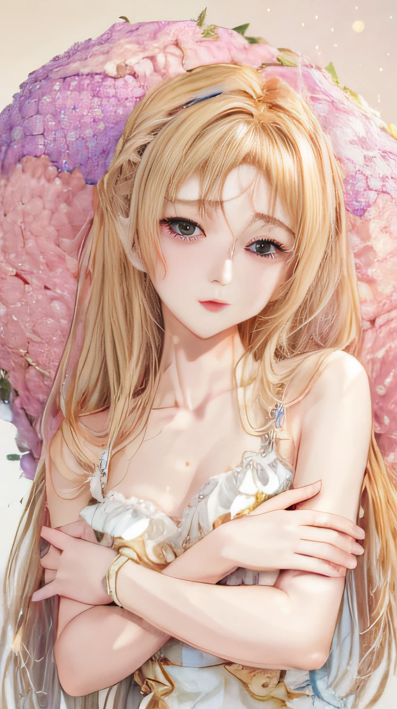 (Best quality at best, tmasterpiece), 1个Giant Breast Girl, lewd poses, Particle, ventania, florals, The upper part of the body, simple backgound, looking at viewert, The blonde, milky ways, Aesthetic