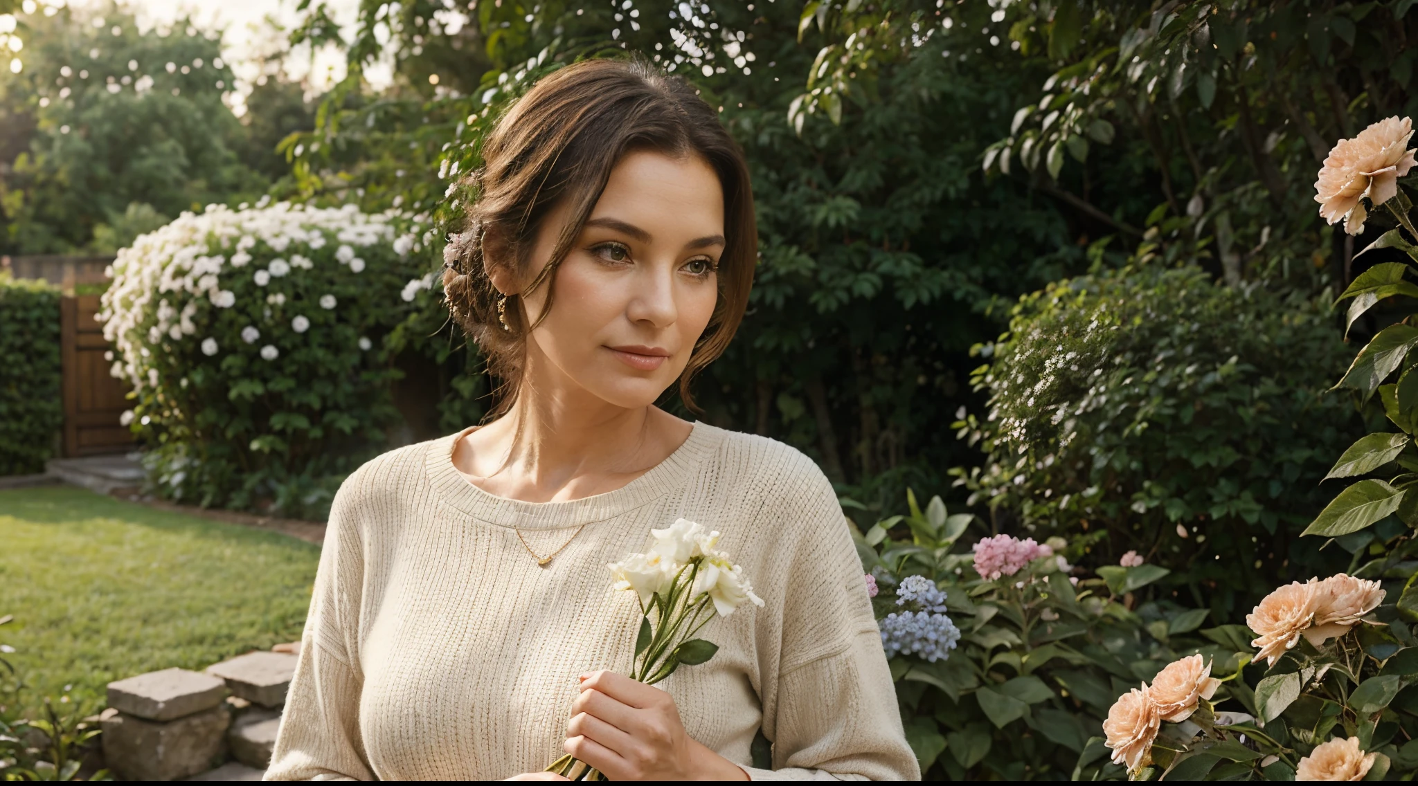beautiful lady in her 50s, holding flowers, realistic portrait, natural colors, soft lighting, cozy garden, comfortable everyday clothes