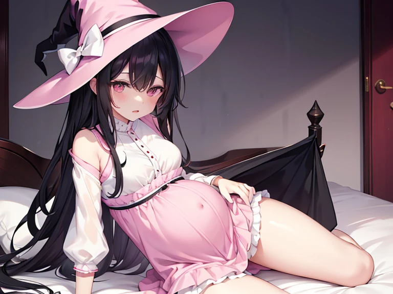 The woman had long black hair down to her waist, wore a cute pink hat, wore pink casual clothes and wore a fairly small skirt with white socks covering her legs up to her thighs. in a pregnant position wearing a witch's dress in bed in a position that has just woken up and shows her genitals which emit a thick white liquid from her genitals