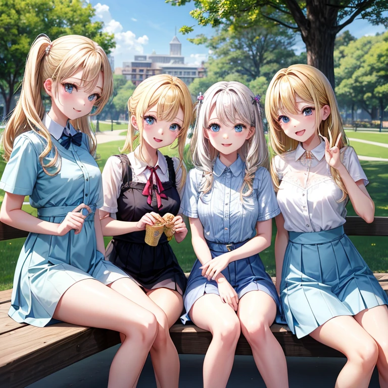 a blond、4 pretty girls、a park