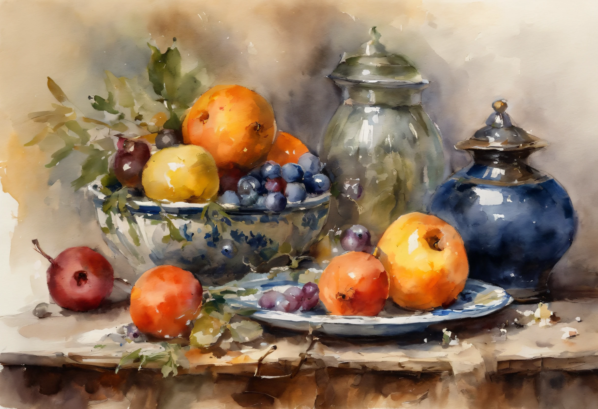 Illustration art by Nicolai Ivanovich Fechin, Still life, fruit and jars, olEuropean plate 'candle,ane rendering, 8k, UHD, O estilo de Losh,