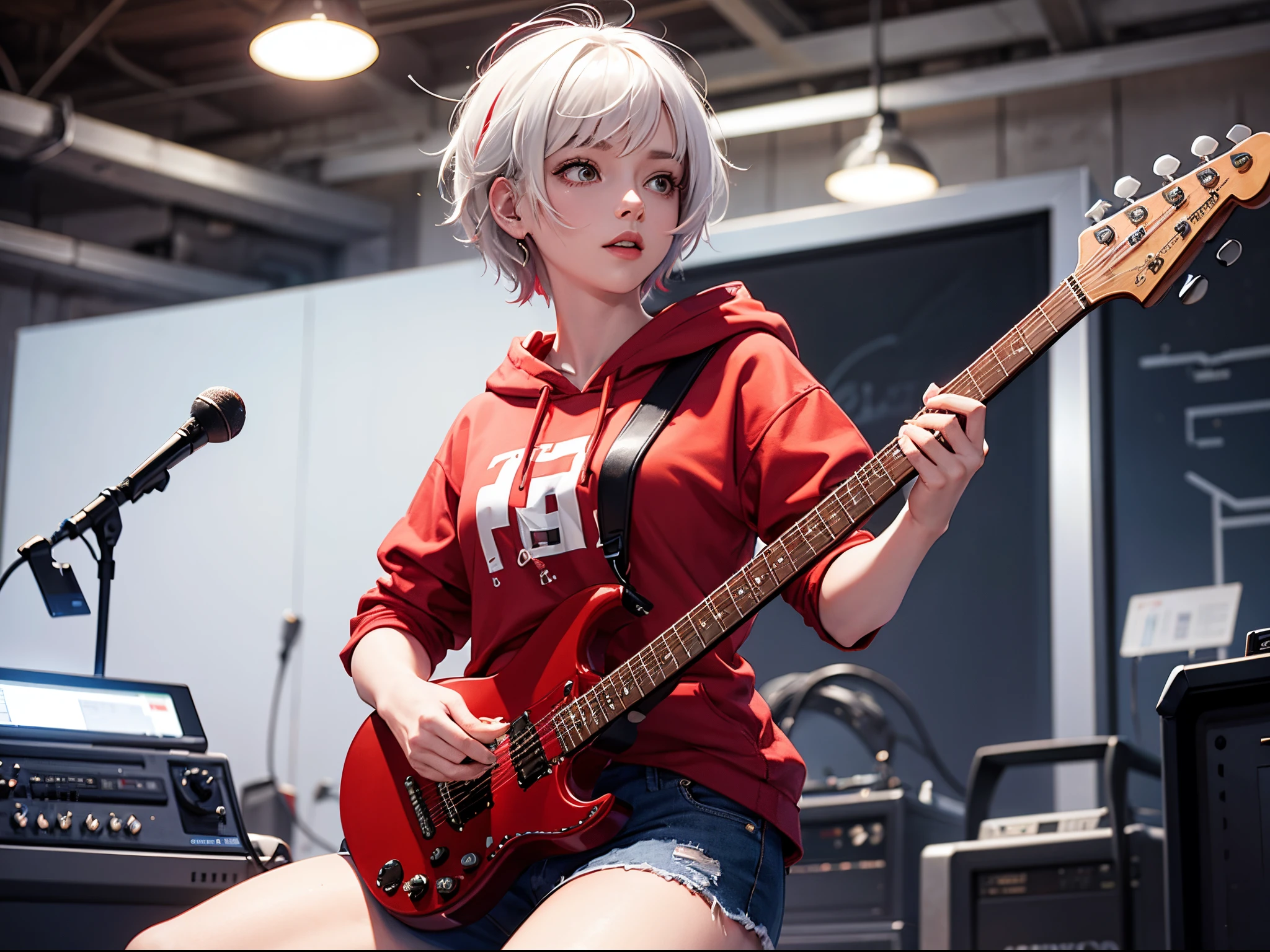 Girl playing guitar, short hair, white hair with ((red highlights)), hoodie