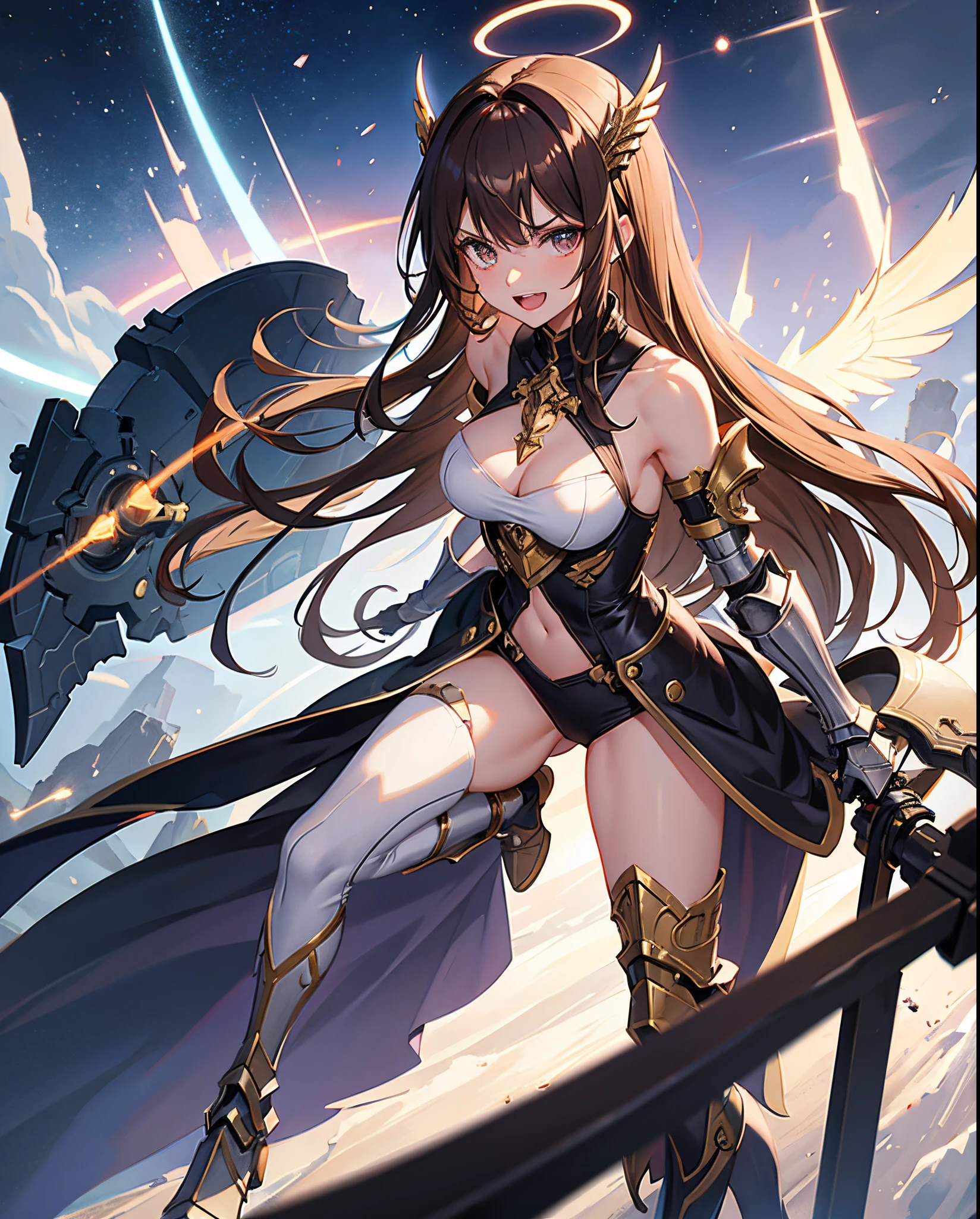 fantasy, 1angel_girl,child, loli,brown_hair, medium_bob_hair, long_bangs, halo,bare_shoulder,thighhighs,silver_armor, waist_armor, large_breasts,angry,grinning,open_mouth_teeth, 1pair_wings, dynamic_pose_fighting,floating, bare_crotch, headgear,gauntlet, greaves,city_sky_background,slightly_spread_legs, solo, groin_naked,dark_skin,
