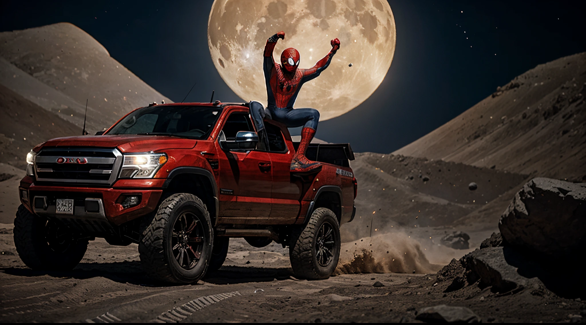 Spiderman lifting a truck onto the moon