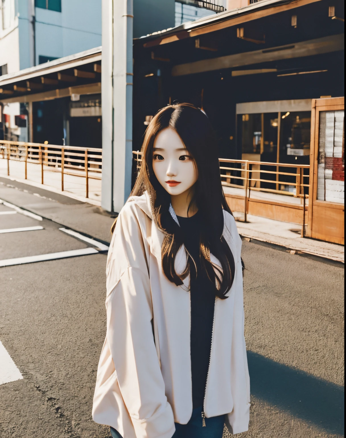 Best quality at best, Dark feeling, 1个Giant Breast Girl, Alone, long whitr hair, The shirt, brunette color hair, jaket, Outdoor activities, Bao, looking at viewert, vague background, actual,