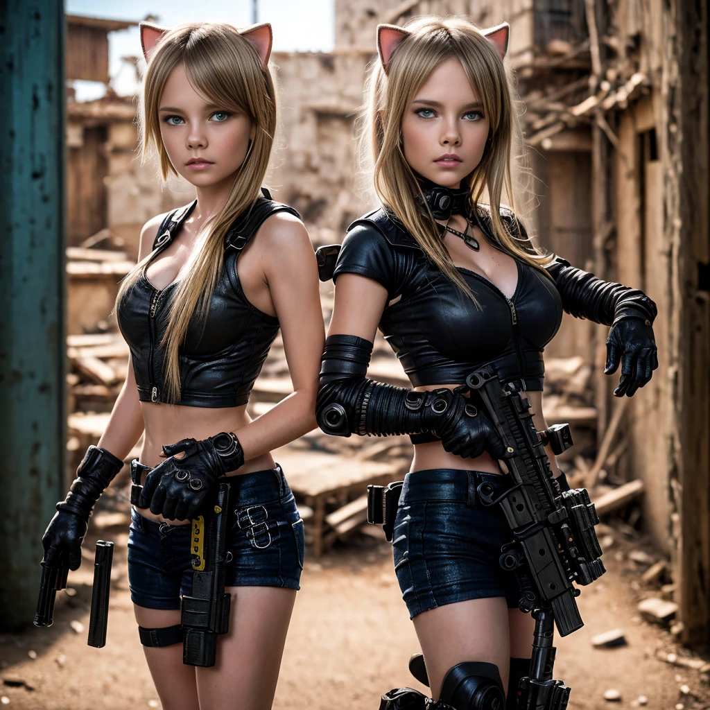 two 13 year old girls with blonde hair and heavy weapons in the castle, , make background ruins, post apocalyptic scene, cyberpunk helmets next to them, wearing Cat ears, hand guns on side, ripped clothes reveal part of breast, very short tops show bottom part of breast, one carrying a cyberpunk gun, cyberpunk theme, her top is short showing just the under part of her breasts ((underboob)),