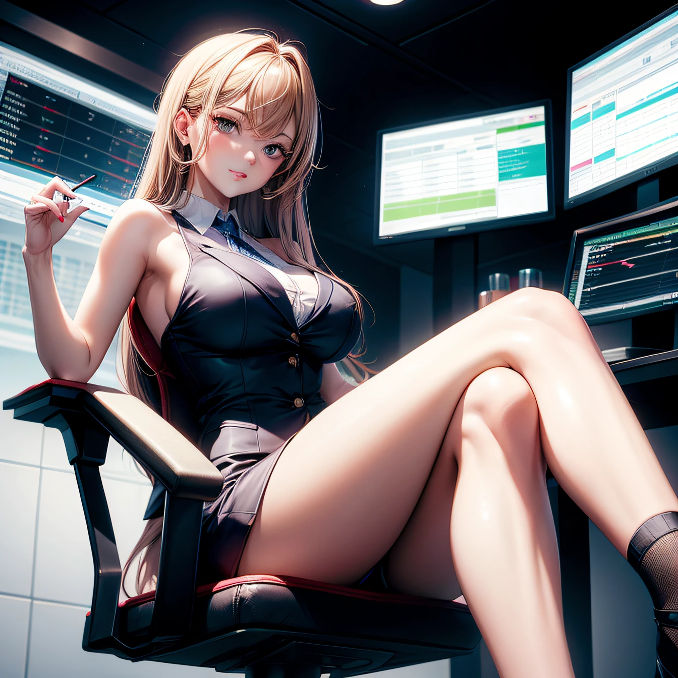 Gorgeous woman sitting with legs spread on chair on chart in stock trading office