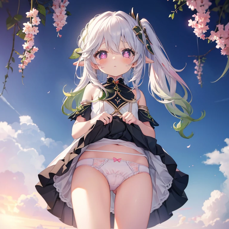 Best Quality, (cute petit girl:1.3), flat chest,Beautiful pink eyes、Lori、(Cuteness beyond limits),(White underwear),lovely thighs,is crying,a miniskirt,Expose panties、(Cute underwear:1.3) 、skirt lift、showing panties、skirt lift、showing panties、skirt lift、showing panties