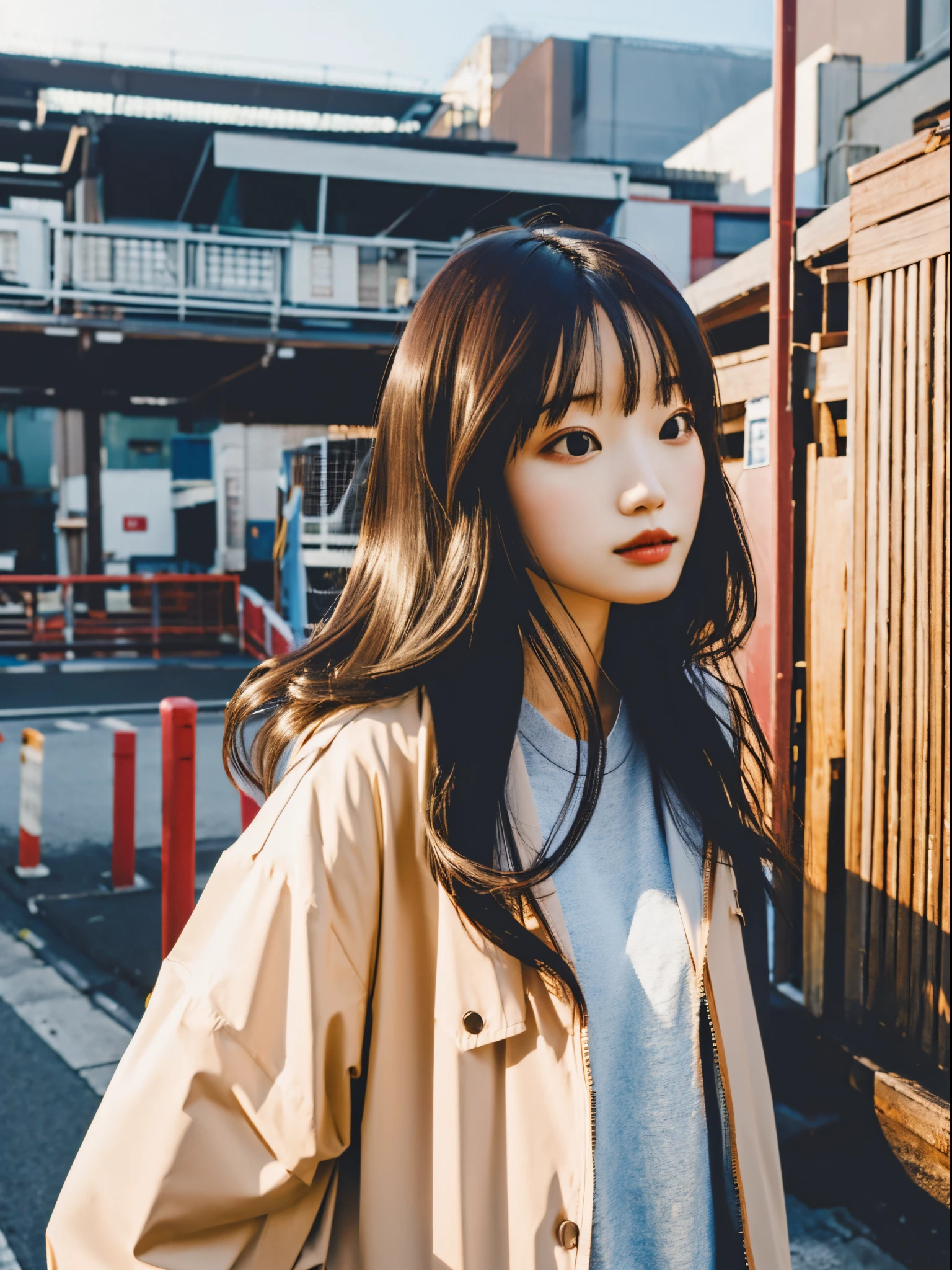 Best quality at best, Dark feeling, 1个Giant Breast Girl, Alone, long whitr hair, The shirt, brunette color hair, jaket, Outdoor activities, Bao, looking at viewert, vague background, actual,