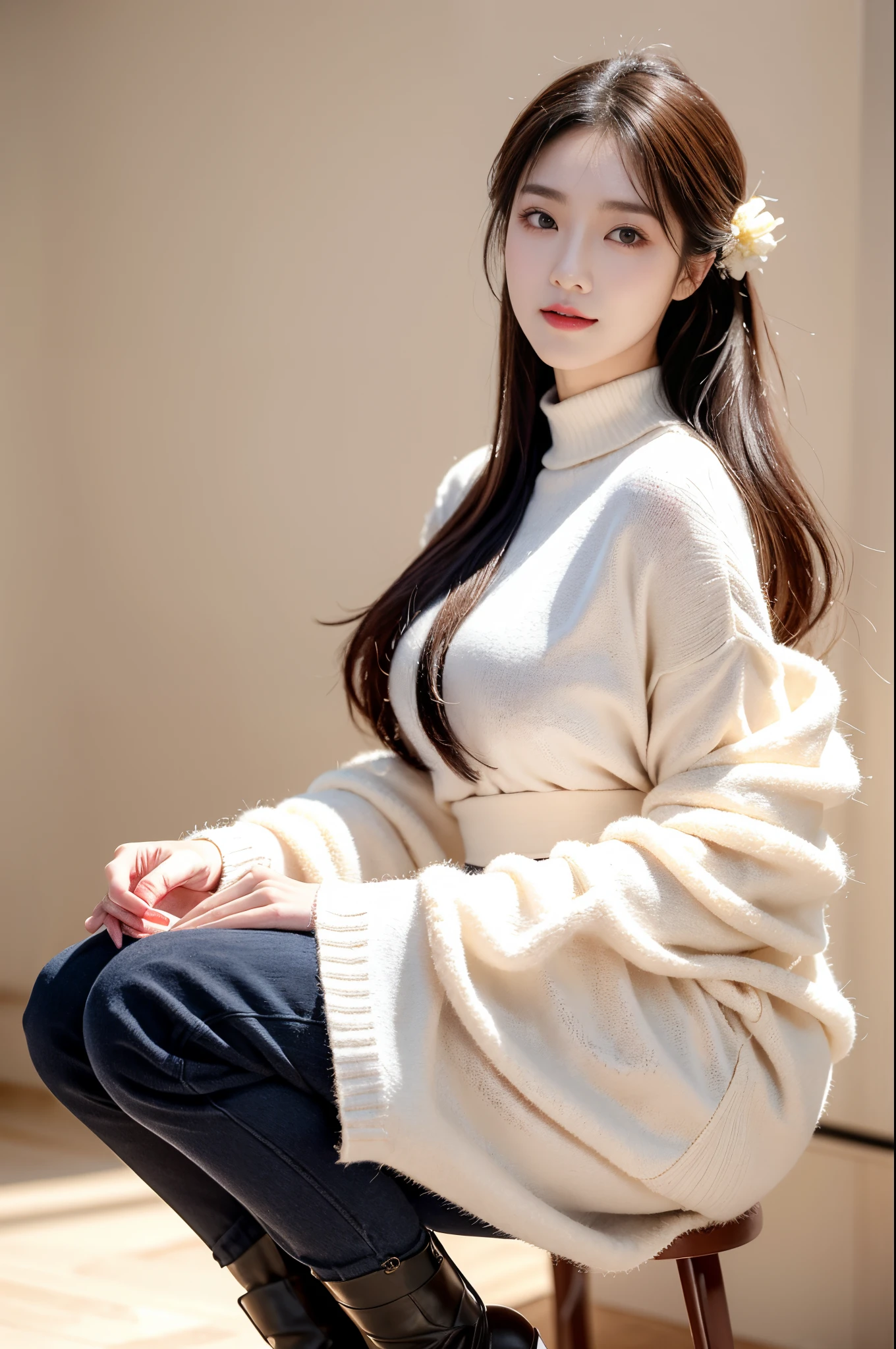 The highest image quality, RAW photos, 超高分辨率, (Very detailed faces),(Very detailed details),(Full body photo),(Photography-like artistic photos)clothes:
In winter, royal ladies usually choose elegant and warm clothing.。She may be wearing a classic long woolen coat,The color of the coat may be dark blue、black or burgundy,Exudes a noble and mysterious atmosphere。The coat is cut just right,Can highlight her tall and slender figure。
In terms of inner wear,Yu Jie may choose a turtleneck sweater or slim knitted sweater,Simple and elegant colors,Such as white、beige or gray。This combination can not only keep warm but also show her elegance.。
Bottoms,Yujie usually chooses a slim pencil skirt or wide-leg pants,Material may be thick wool or cashmere,to resist the cold。She might also pair it with a pair of high boots,Make the overall shape more upright。
appearance:
Yujie's appearance usually exudes a mature and steady temperament。her face is chiseled,The facial features are three-dimensional and profound。Her eyes are sharp and determined,It exudes a sense of confidence and calmness。
Her hair may be long and shiny black hair,Wear your hair in a low ponytail or a simple tie,Show her ability and neatness。The hair may be dotted with some delicate hairpins or hair accessories,Add a touch of femininity。
face:
The lady's face usually looks calm and majestic。Her eyebrows are long and slightly raised,Gives people a sharp feeling。Her eyes were deep and bright,Reveal intelligence and decisiveness。
The bridge of her nose straightened,Lips are red and slightly raised,Project a confident and elegant smile。Her skin tone may appear healthy wheatish or fair and translucent,Gives off a natural glow。
Overall,The royal sister in winter with her elegance、Characterized by a noble and mature temperament,No matter in clothes、Appearance or face,All exude a unique charm。