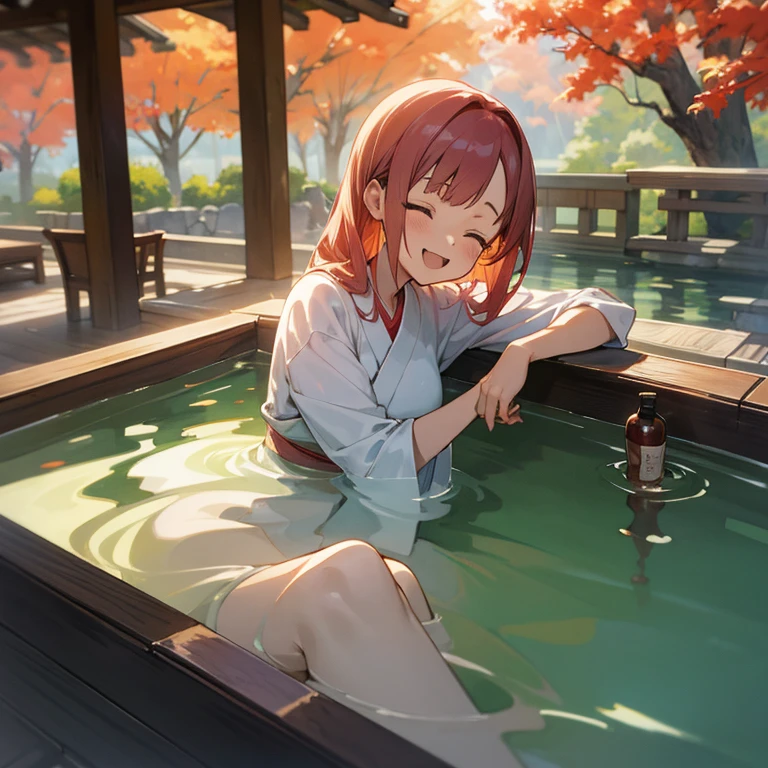 ((masutepiece)), ((Best Quality)), (Very detailed), watercolor paiting,in 8K,pixiv top quality,Anime Characters,
Public Woody Baths in Japan, Woody bathtub,Japan stone lantern, Japan liquor on the tray,
Girl soaking in the bathtub,Relax Smile, Closed eyes, Open mouth, Cute,brawn hair,Tied hair
Absurd solution, absurd details, Best Quality