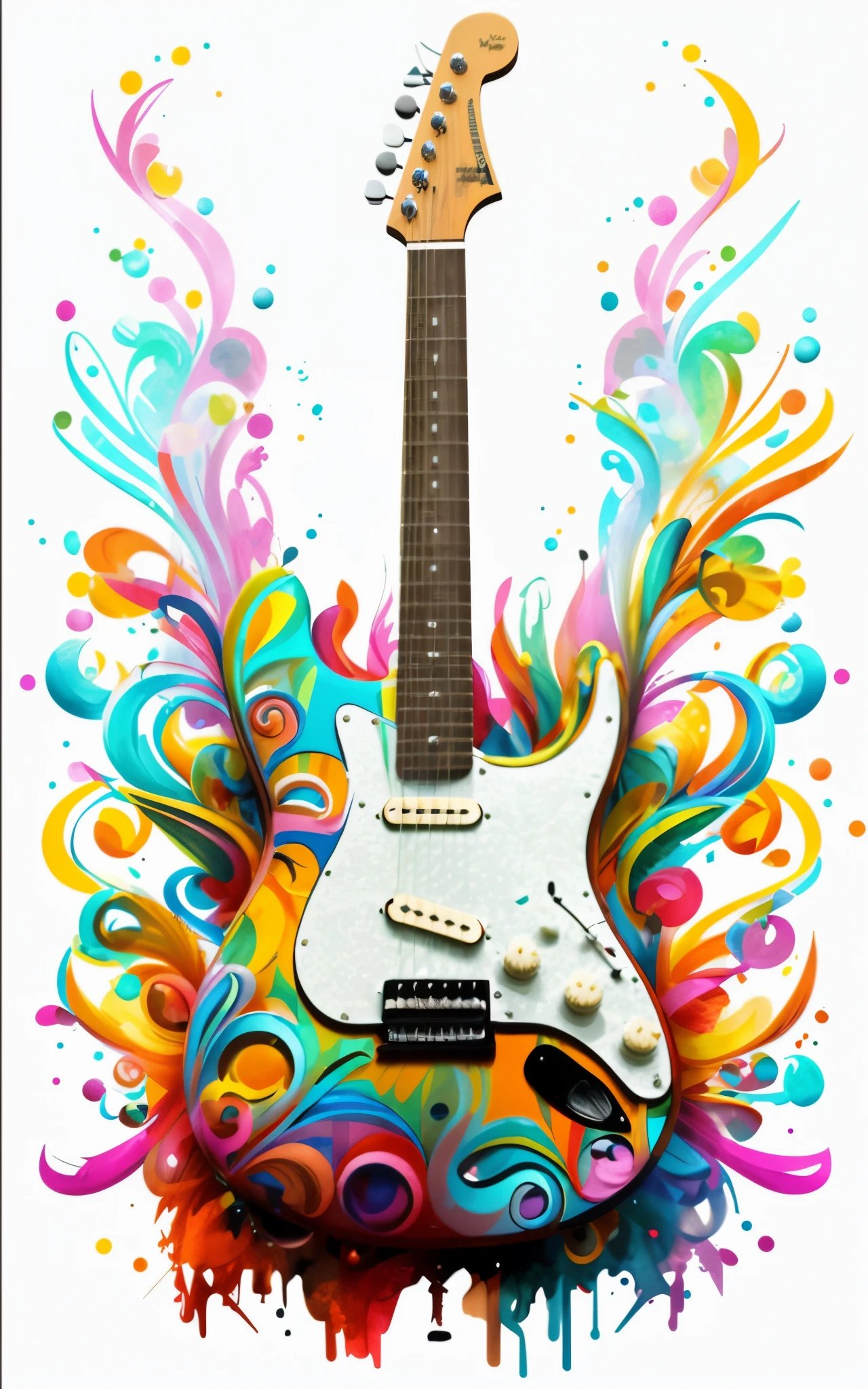 um close de uma guitarra com um desenho colorido, Electric guitar, Stratocaster Fender, music poster, arte conceitual da guitarra, psychedelic style, rocking out, poster artwork, Guitarra, classic guitar, arte colorida, cheio de cores e detalhes ricos, colorful explosion, campy e colorido, Arte de Alessandro Pautasso, gotejamento com cor, solo de guitarra