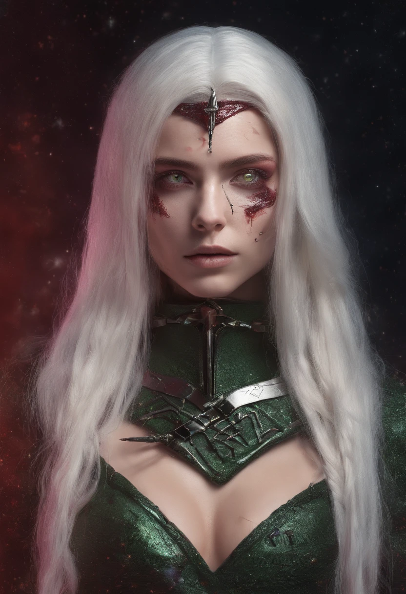 (((a deep reddish wound crosses her left cheek))) fair complexion, woman around 19 years old, natural white hair, distinctive green eyes, wearing kohl, slender and graceful, beautiful, candlelight in a medieval setting, ultra sharp focus, realistic shot, medieval female clothes, tetradic colors (scar:1.4)