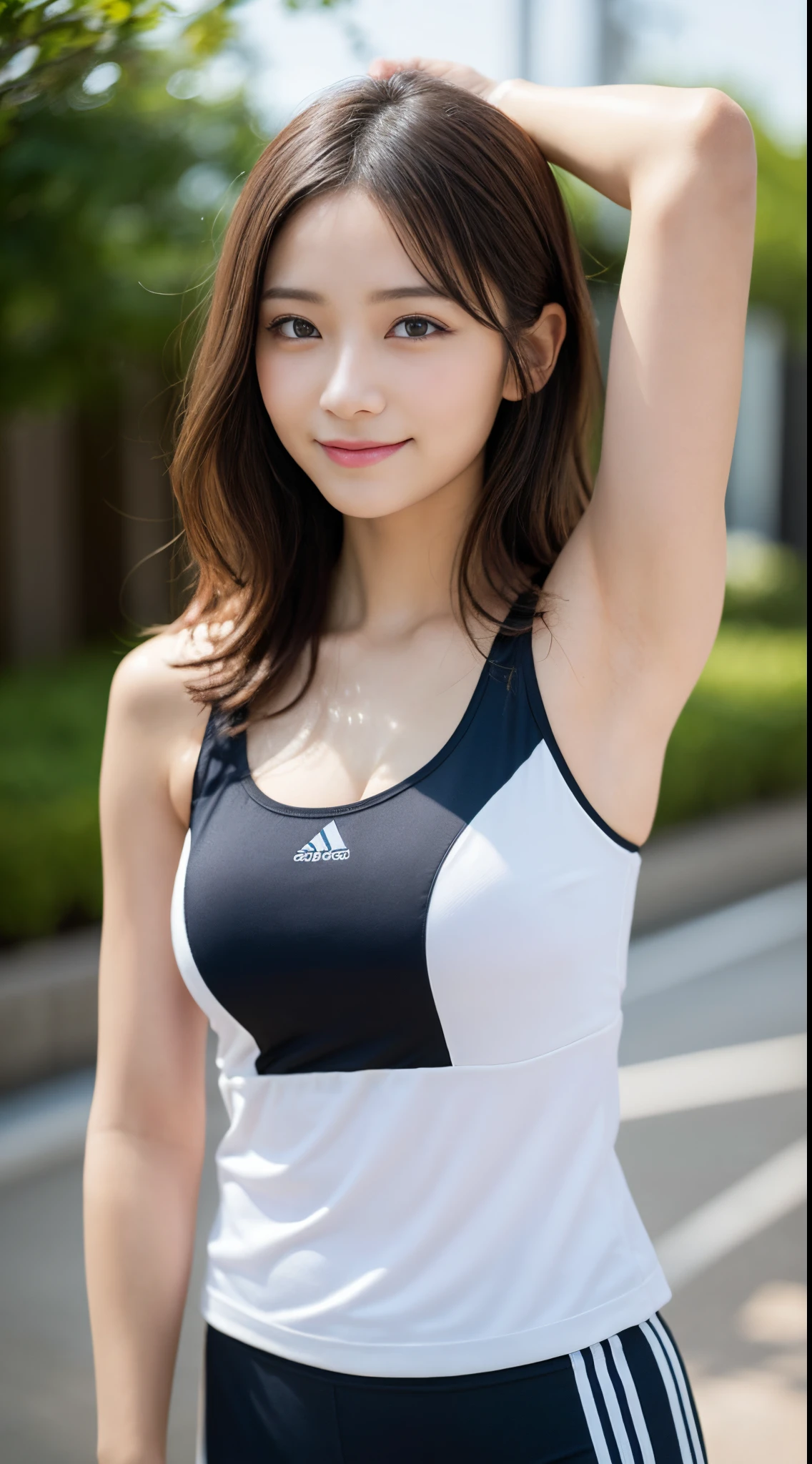 masutepiece, Best Quality, Photorealsitic, finely detail, hight resolution, 8K Wallpapers, Perfect dynamic composition, Beautiful detailed eyes, Medium short wavy hair,gray training wear、Body wet with sweat、Breast bulge、yoga pose、Beautiful armpits、A smile、bokeh feeling、natural、wood floor、25-years old、(Drooping eyes 1.3)、Adult beauty、japanes、extremely detailed fingers