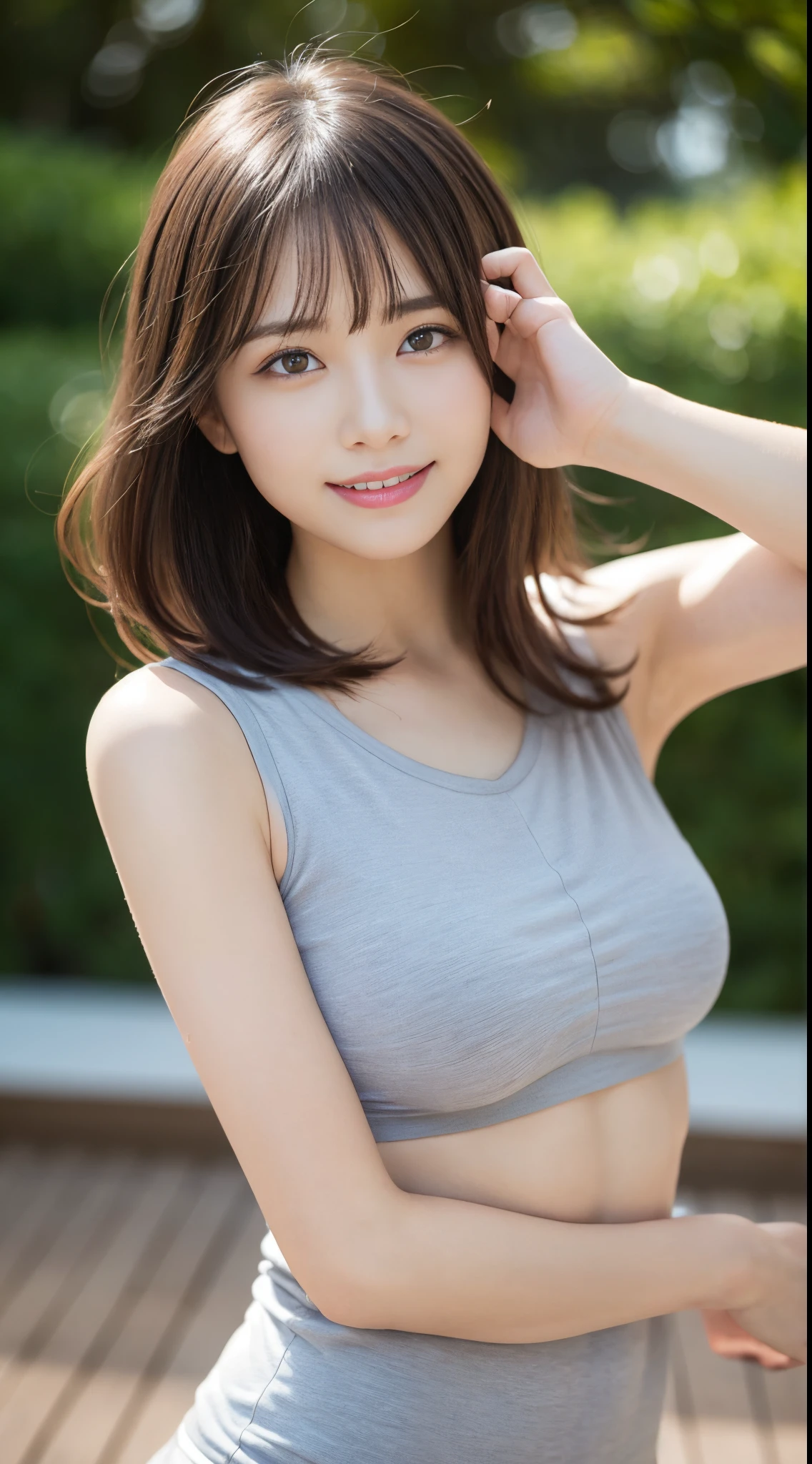 masutepiece, Best Quality, Photorealsitic, finely detail, hight resolution, 8K Wallpapers, Perfect dynamic composition, Beautiful detailed eyes, Medium short wavy hair,gray training wear、Body wet with sweat、Breast bulge、yoga pose、Beautiful armpits、A smile、bokeh feeling、natural、wood floor、25-years old、(Drooping eyes 1.3)、Adult beauty、japanes、extremely detailed fingers