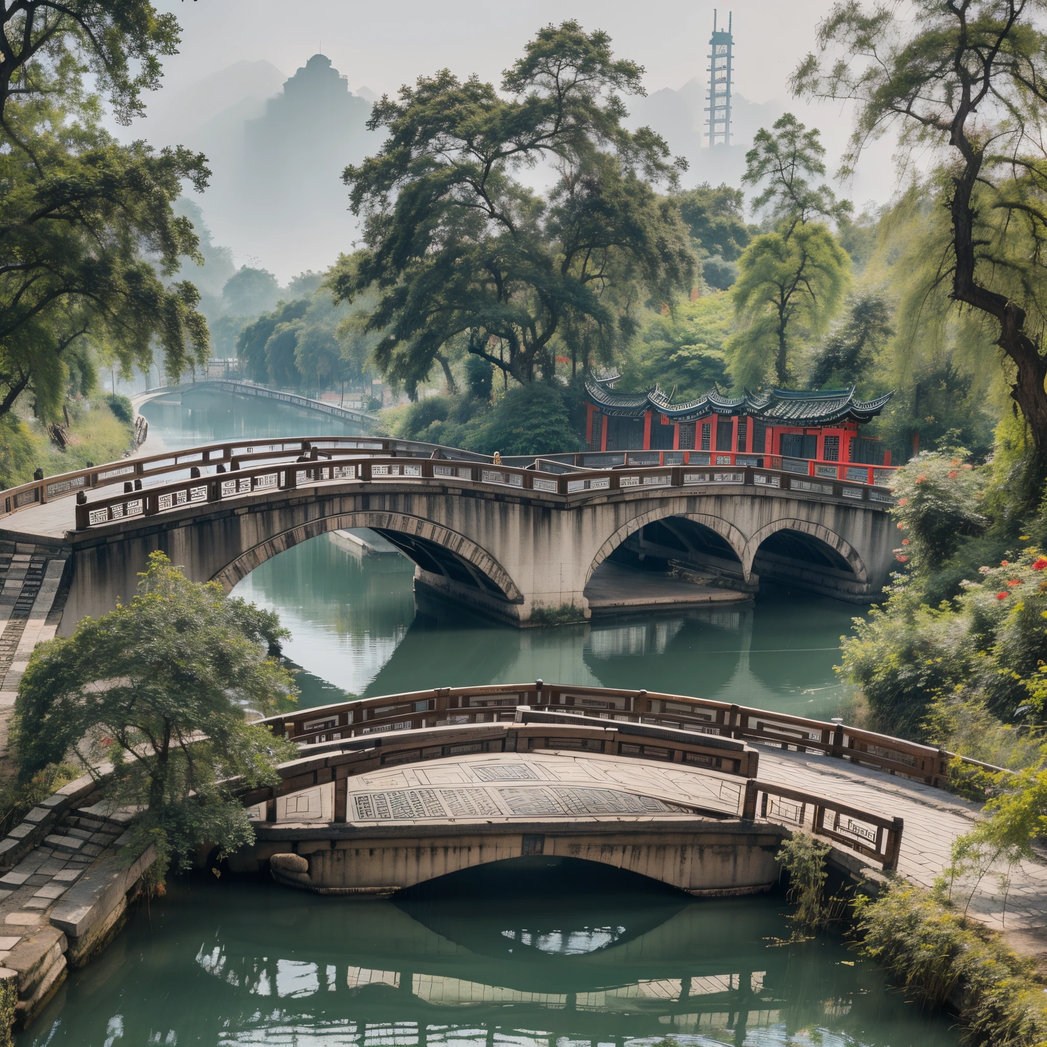 New Chinese style landscape pedestrian bridge on the ancient canal next to Taosha Lane in Wuxi