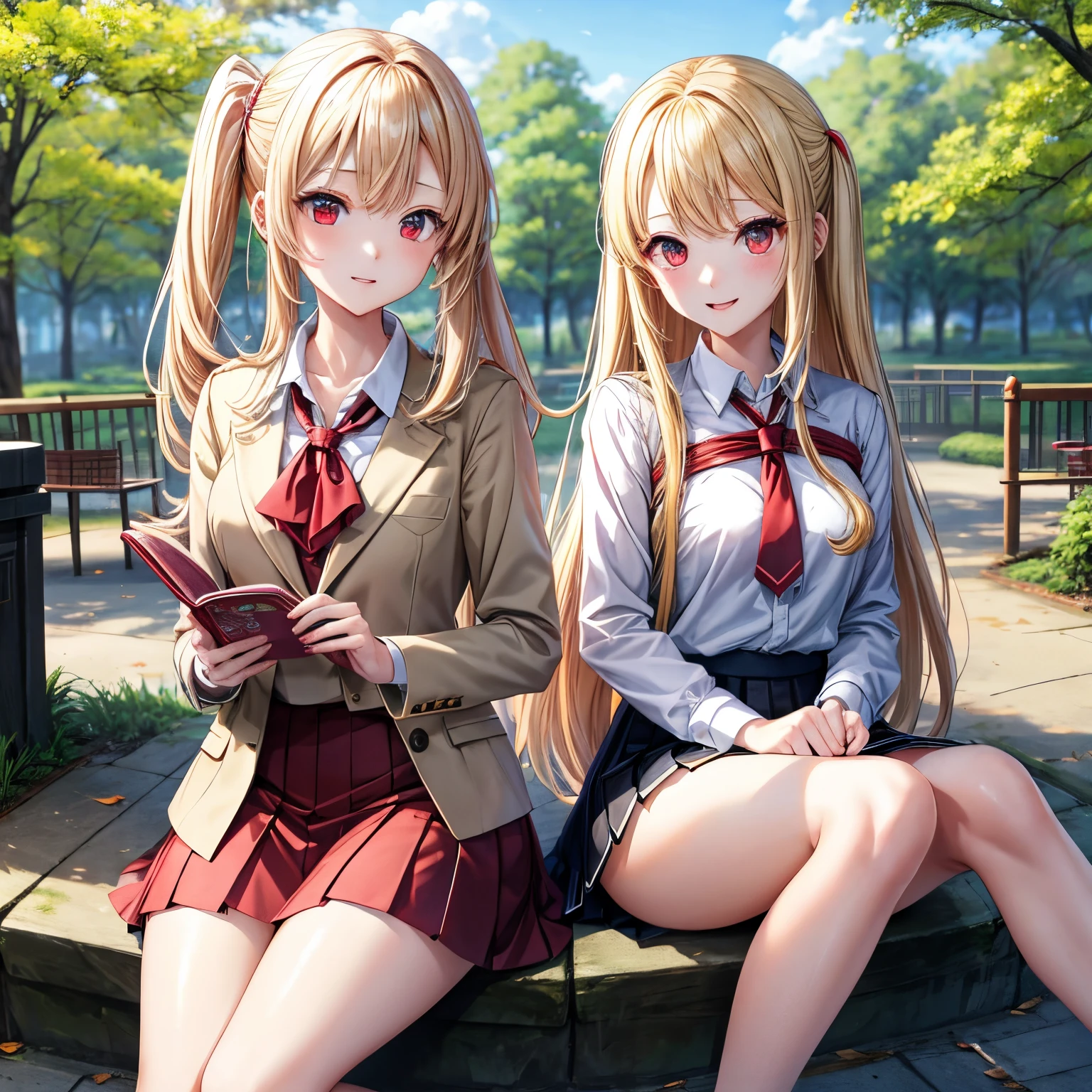 a blond、red eyes、Two pretty girls、animesque、student clothes、a miniskirt、a park、sitting on、the woods