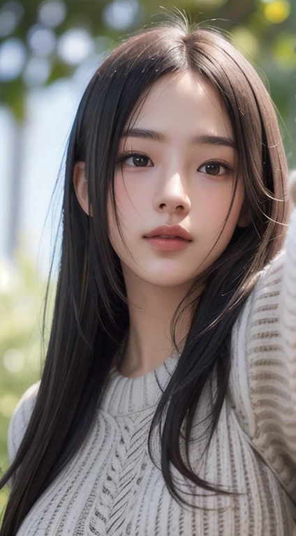 Photorealistic, masutepiece, Best Quality, Raw photo, 1girl in, Solo, Long hair, Brown hair, Detailed face, alluring face, Sweater that kills virgins, medium breasts, Dynamic Pose, Looking at Viewer, From below, Detailed background, fine detailed, intricate detailes, Ray tracing, depth of fields, lowkey, nffsw