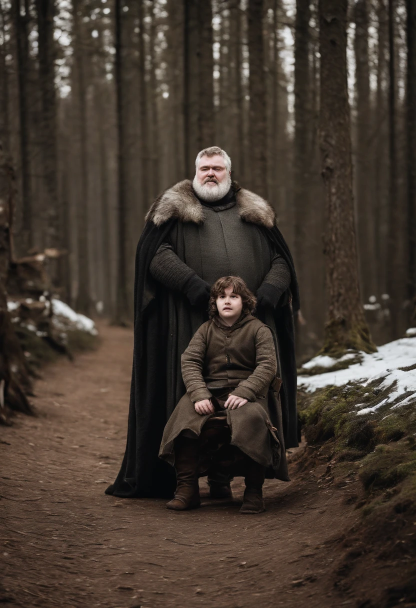 A photo of Hodor and Bran Stark enjoying a friendly game of cyvasse,Game of Thrones,Hodor, a beloved character from “Game of Thrones,” is notable for his towering height and robust build, giving him a gentle giant appearance. He has a simple, kind face, often marked by a look of confusion or contentment, and his clothing is typically plain and functional, suited to his role as a stable boy.