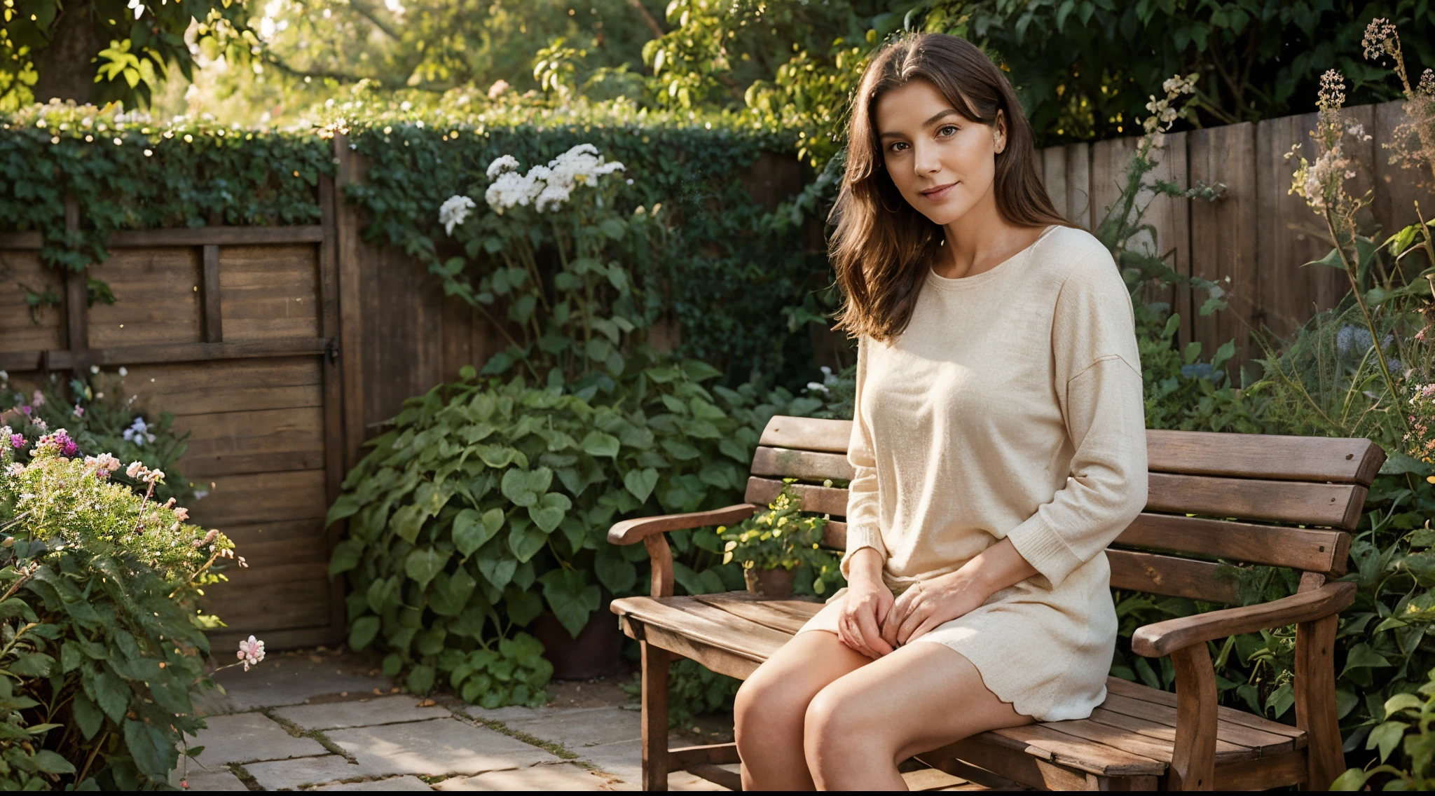 beautiful lady in her 50s sitting on a wooden bench in the garden, realistic portrait, natural colors, soft lighting, cozy garden, comfortable everyday clothes