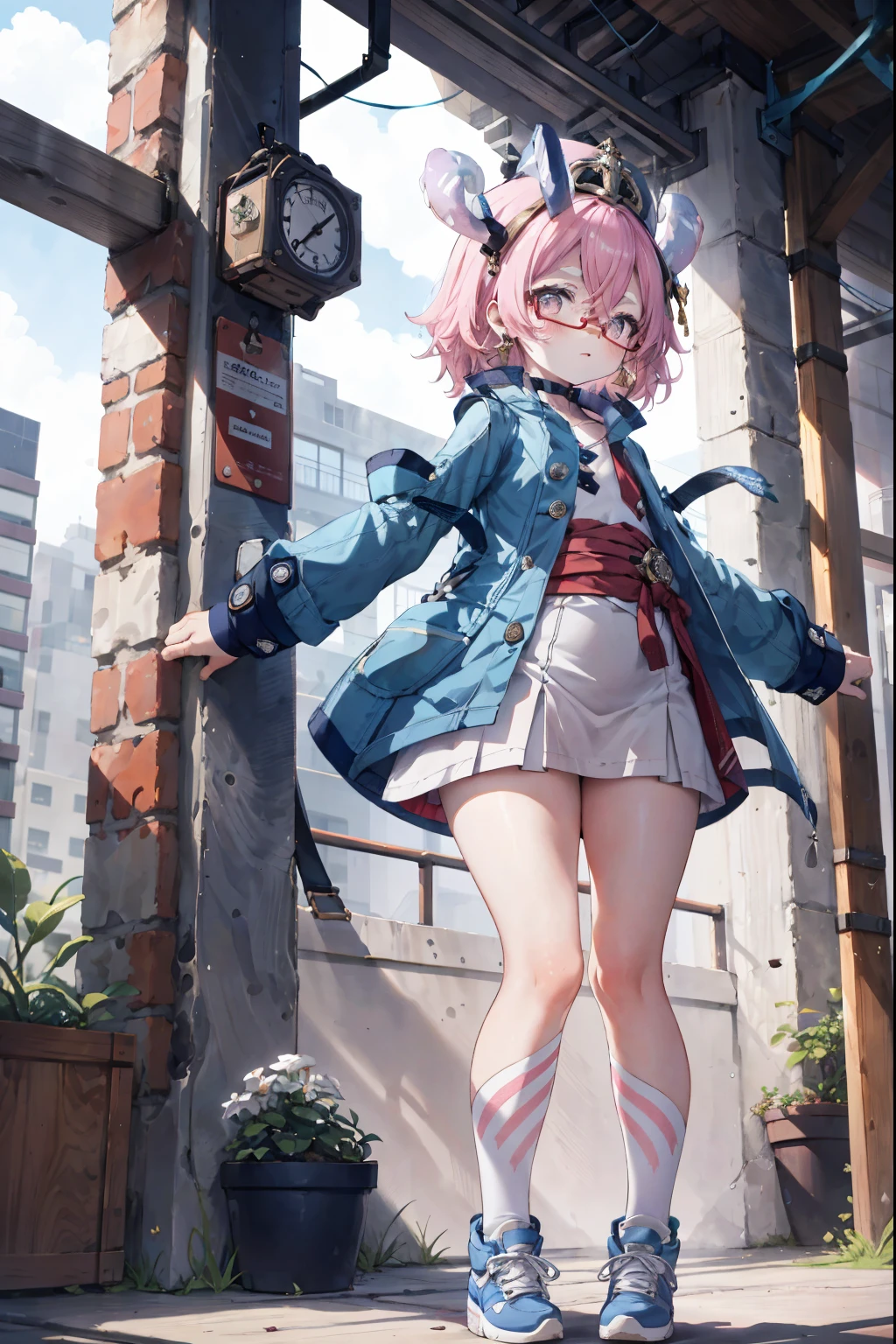 Melousine|genshin impact, masterpiece, bestquality,3 girl,young girl, long denim skirt, Wear glasses, long-haired, pink hair,unstable _Front,oily shiny skin,flat chest,nice leg line:1.3,thick thighs, thin-waist,, red_streaks_light_wrap_dress, white_platform_sneakers, woven_El_bag, straw_headgear, gold_hoop_earrings, jacket, long jeans city scenery,looking at the audience,From Top:1.2,dynamic angle