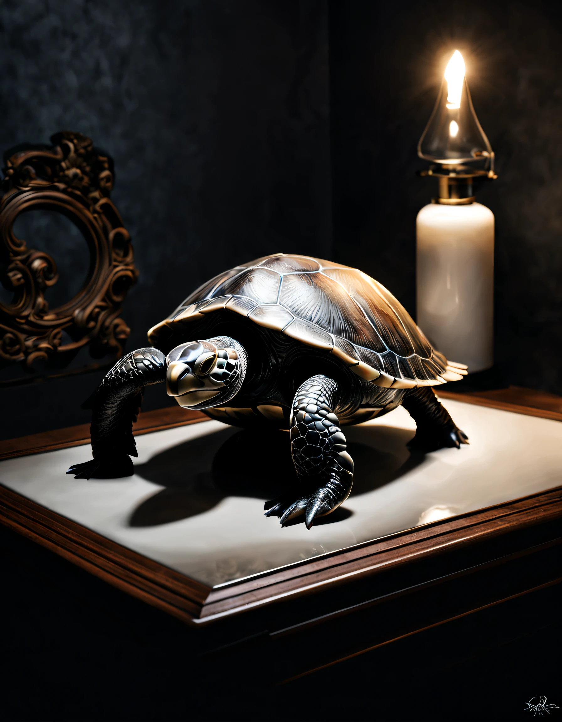 Chiaroscuro black sea turtle & White porcelain, Hard key side light, Ferocious, moodiness, Wet with, Sateen, Shiny, ultra-realistic realism, fluorescent red lipstick, 电影灯光