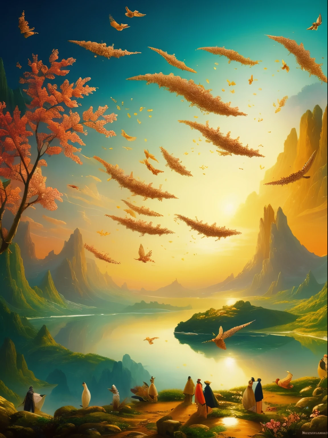 generate an illustration of thousands of tiny birds collecting themselves, swarming and swirling into a unified shape, an awe-inspiring view with the emotional impact of hope, harmony and emergence. No humans, masterpiece, detailed, high resolution, 8k.