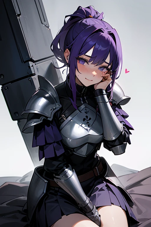 young adult female; hair tied up in a pony tail; strong warrior; wounded; worn out from battle; light cuts and bruises; armored; looking at the viewer amorously; being tended to and cared for by the viewer; her head rests in the viewer's lap; deep, violet irises; trusting look; tsundere; tears flowing down her cheek; loves the viewer a lot; shy smile; passionately kissing the viewer; cuddling and being loved; feeling very satisfied; hearts in her eyes