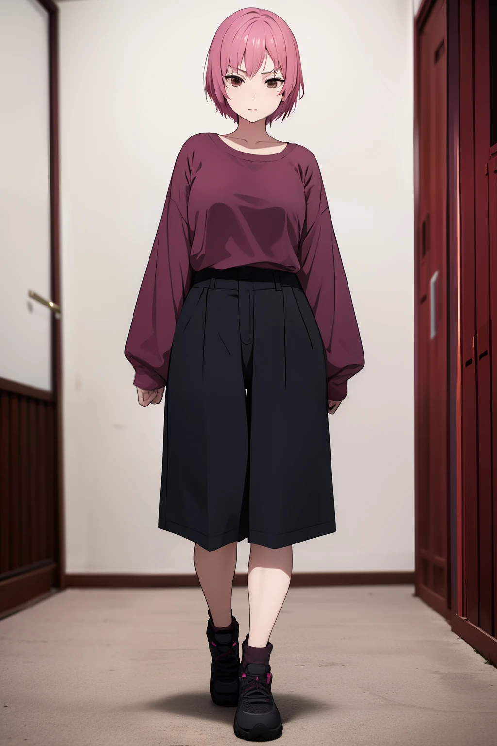 Cute girl , Short pink hair , Dark purple clothes , Combat stance , Brown eyes , Rough clothe s, baggy clothes , full body