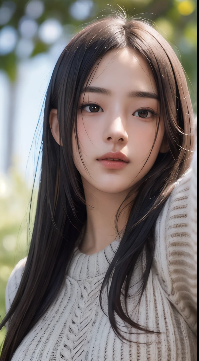 Photorealistic, masutepiece, Best Quality, Raw photo, 1girl in, Solo, Long hair, Brown hair, Detailed face, alluring face, Sweater that kills virgins, medium breasts, Dynamic Pose, Looking at Viewer, From below, Detailed background, fine detailed, intricate detailes,  Ray tracing, depth of fields, lowkey, nffsw