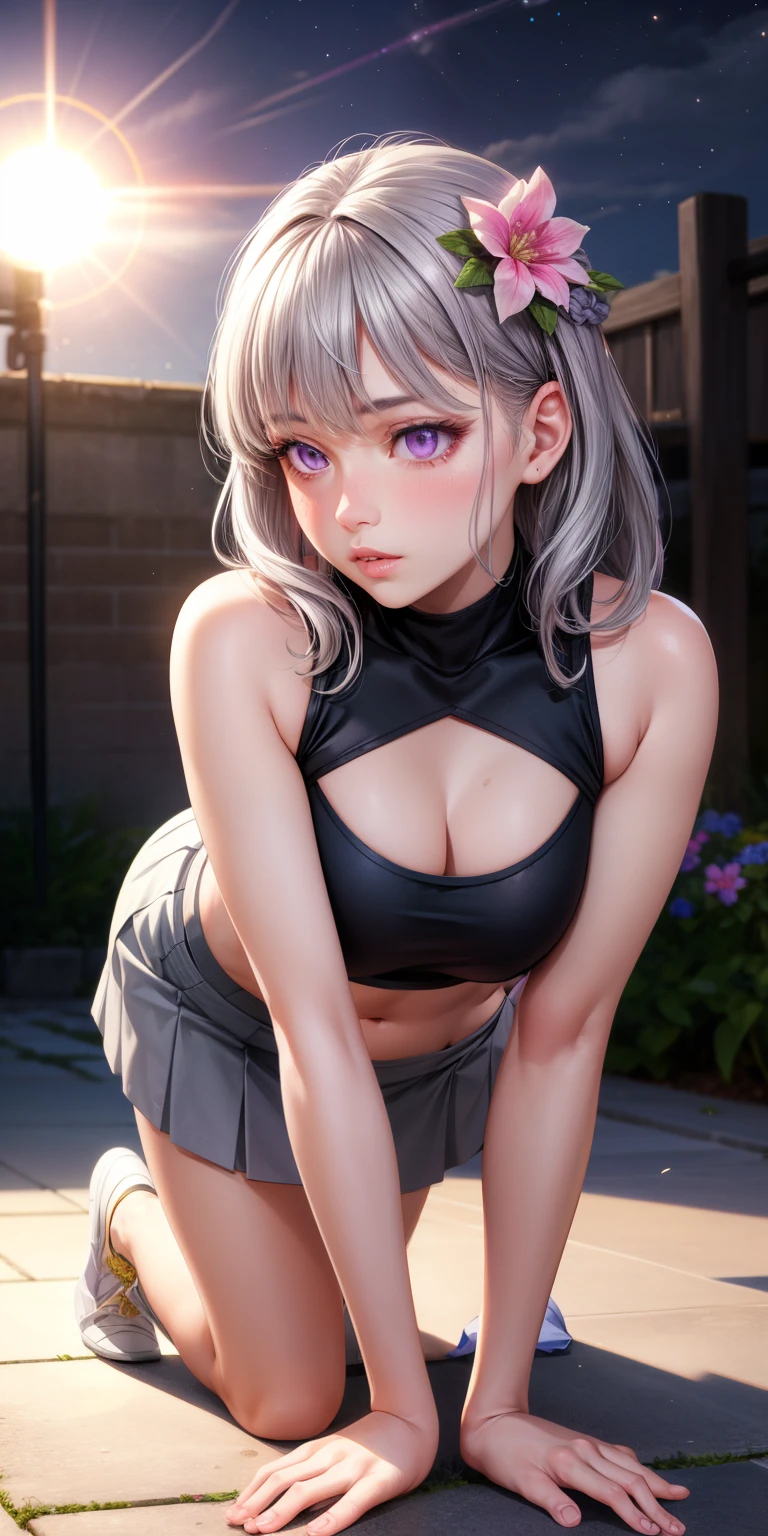 realistic, girl single, gray hair, purple eyes, glowing eyes, crop top, skirt, parted lips, blush, night, flower, sun, sunlight, all fours