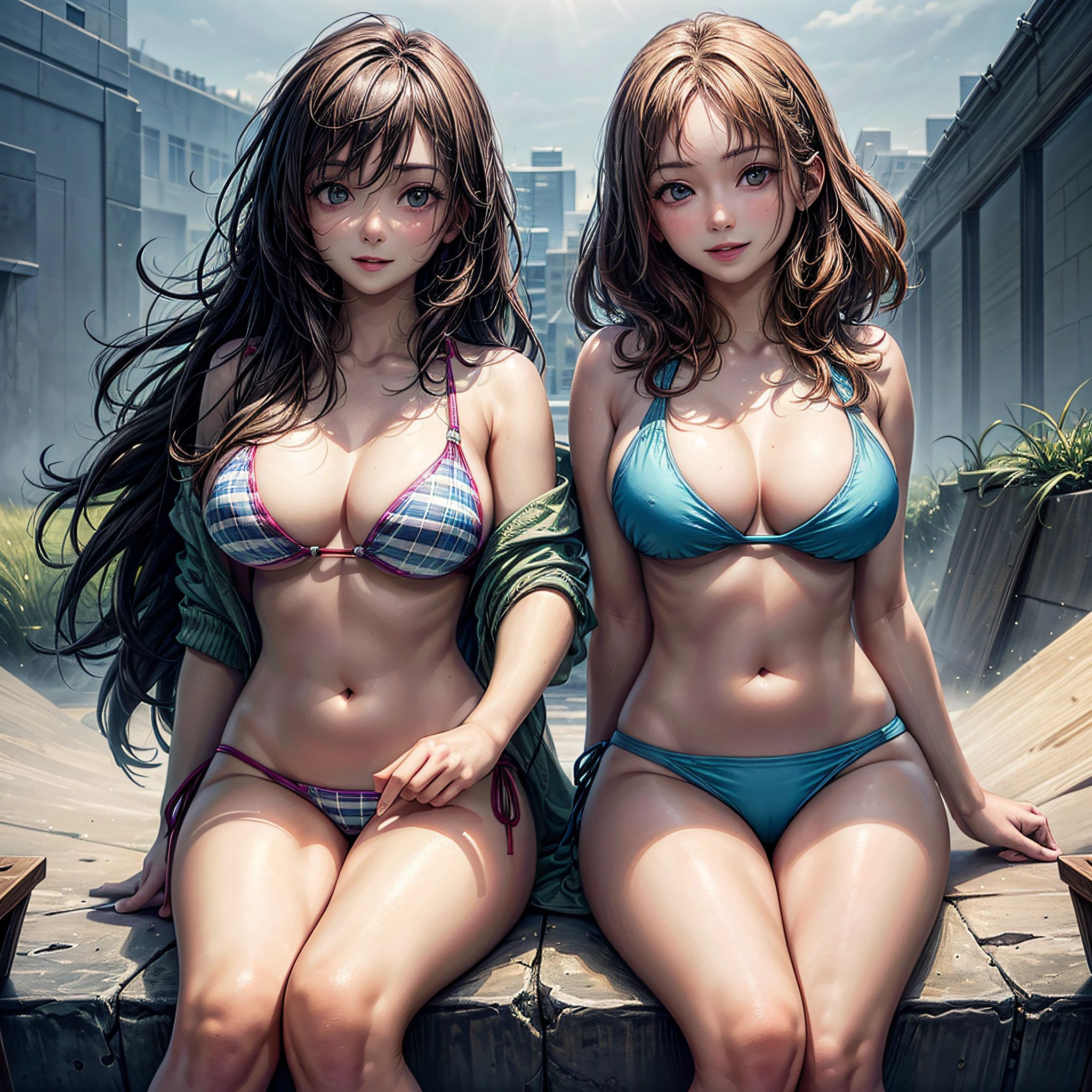 (2girls:1.5), Goddess, Extremely cute, Amazing face and eyes, (Beautiful lovely smile), (extremely detailed beautiful face), bright and shiny lips,  Keep staring at me, Super beautiful, big breasts, (cute bikini:1.3), (Best Quality:1.4), (hyper quality), (Ultra-detailed), (Hyper-realistic, Photorealsitic:1.37), Authentic skin texture, Highly detailed CG integrated 8k wallpapers, RAW Photos, professional photograpy, Cinematic lighting, brilliance, youth, grassland, wind, Magnificent, great, transcendental scale, Breeze, refreshing, Feeling of freedom, exposing