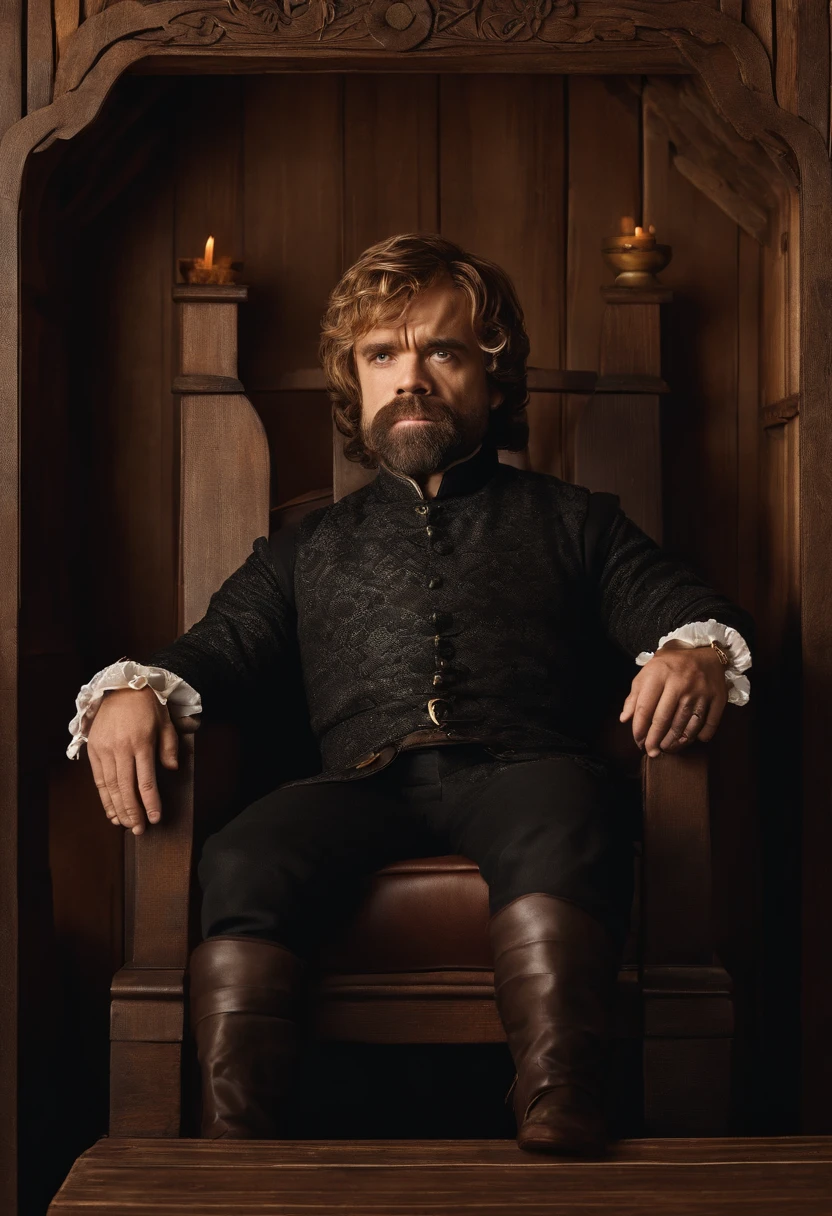 The image is of Tyrion sitting in a cozy booth at a lively tavern, surrounded by a diverse group of misfits and odd characters.,Game of Thrones TV series,Tyrion Lannister, a prominent character from “Game of Thrones,” is distinctive for his short stature due to dwarfism, but he more than compensates with his sharp, expressive eyes and a charismatic, knowing smile. His appearance is further characterized by his well-groomed beard and hair, alongside rich, finely tailored clothing that reflects his high-born status.