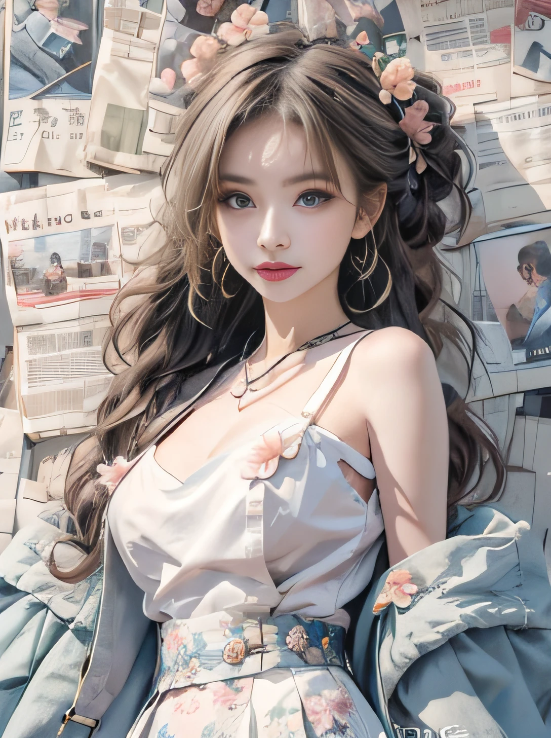 Loli Girl,A pair of peach blossom eyes,Beautiful and lovely,flower ring,White suspenders,Shoulders exposed,Show your waist,Short green skirt,A little cleavage,Many colorful bubbles,Royal sister face,chibiStyle,There are collarbones,white super long hair,perfect detail eyes,perfect for fingers,delicated face,perfectcg,4k画质,coloredballoons,To the sky,3D artistic rendering,3D art girl,the street ,Newspaper on wall background,Traditional chinese painting,32k ULTRAHD,top-quality,Colorful oil pastels