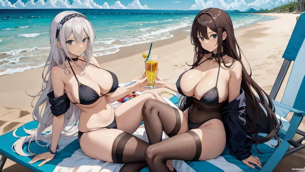 Anime characters sitting on beach chairs,The background is a ball, On the sandy beach, On the beach, on a sunny beach, in beach, on the beach, stranding, relaxing at the beach, Two anime beautiful girls,Large breasts,blackstockings,All wearing black stockings,All lying on beach chairs,One person's breasts are placed on another beautiful girl's breasts