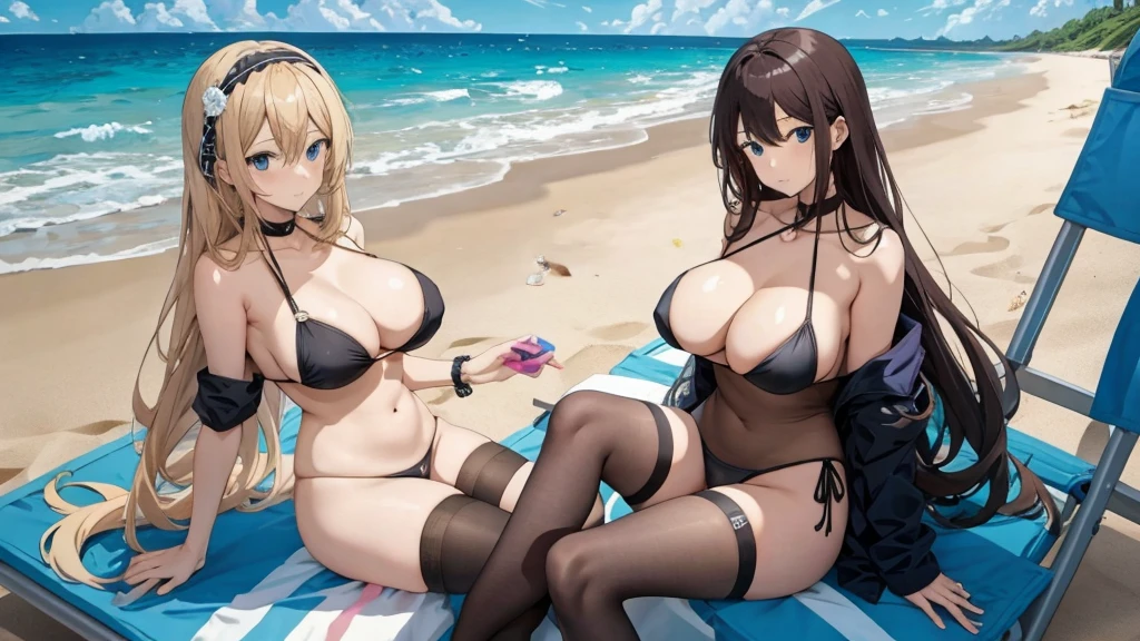 Anime characters sitting on beach chairs，The background is a ball, On the sandy beach, On the beach, on a sunny beach, in beach, on  the  beach, stranding, relaxing at the beach, Two anime beautiful girls，Large breasts，blackstockings，All wearing black stockings，All lying on beach chairs，One person&#39;s breasts are placed on another beautiful girl&#39;s breasts