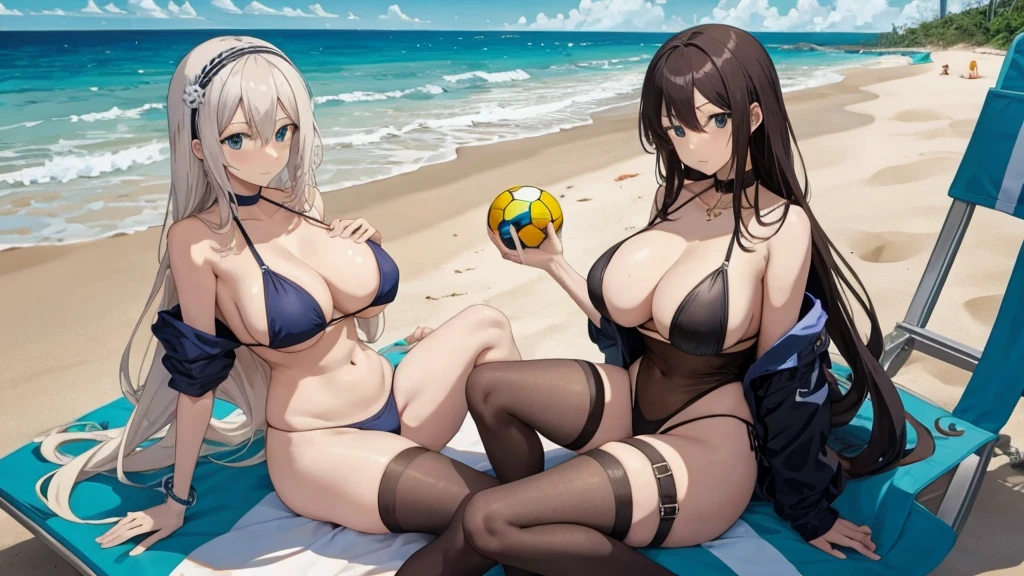 Anime characters sitting on beach chairs,The background is a ball, On the sandy beach, On the beach, on a sunny beach, in beach, on the beach, stranding, relaxing at the beach, Two anime beautiful girls,Large breasts,blackstockings,All wearing black stockings,All lying on beach chairs,One person's breasts are placed on another beautiful girl's breasts